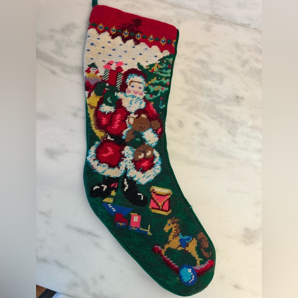 Santa and toys Christmas needlepoint stocking
